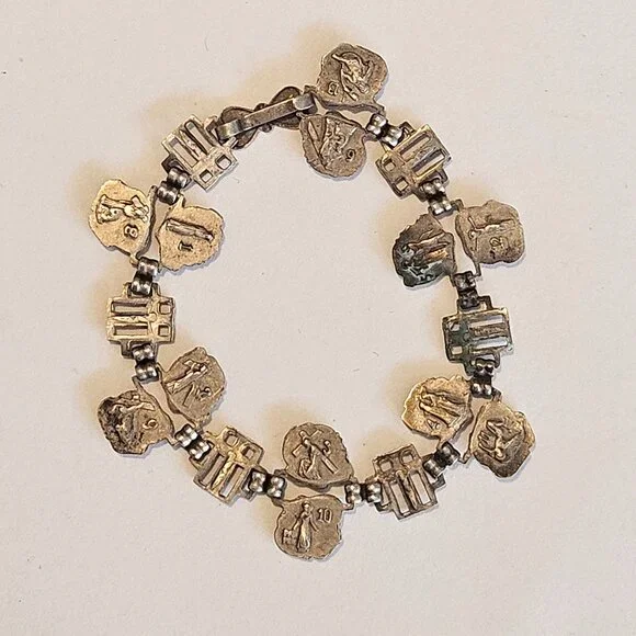 Antique 19c Victorian Sterling Silver Catholic Rose Cross Double Sided Bracelet - Picture 3 of 4